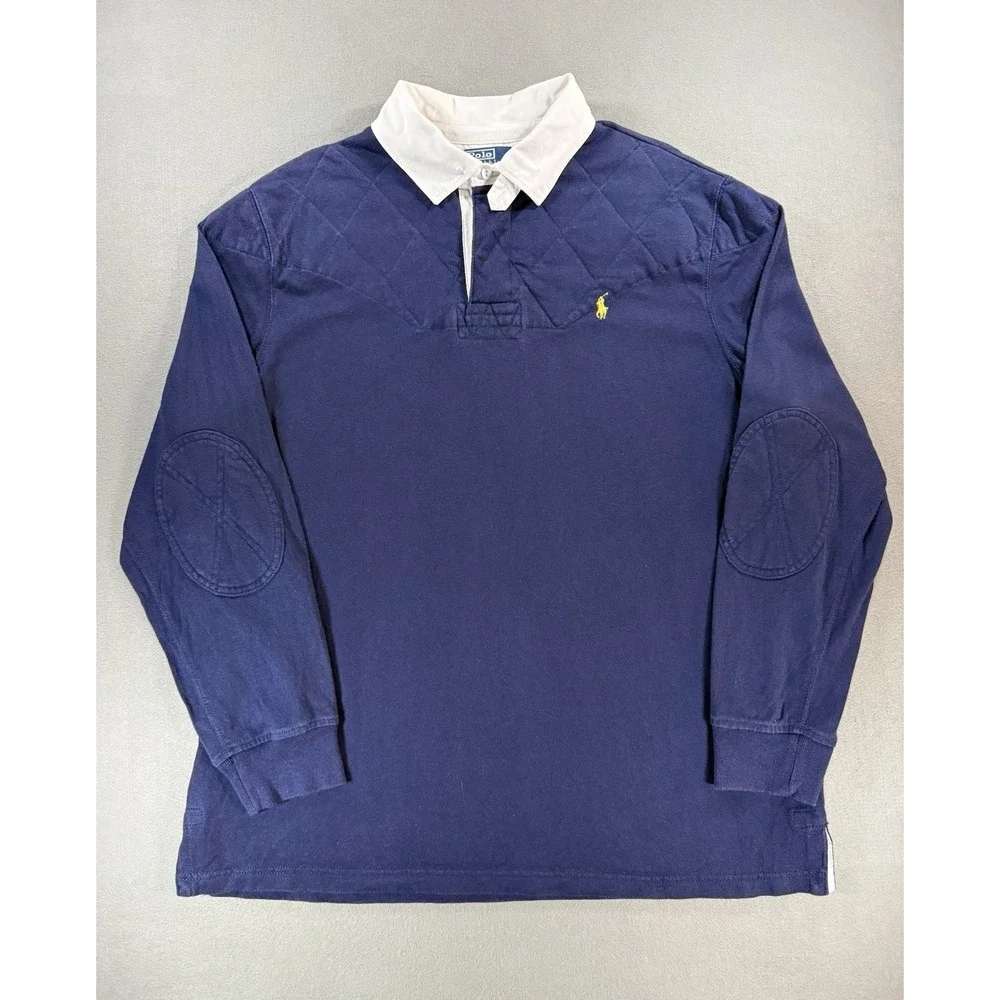 Size XL - Vintage Polo Ralph Lauren Navy Blue Padded Rugby Long Sleeve Shirt